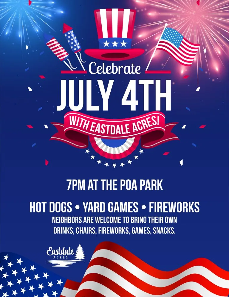 July 4th celebration flyer with fireworks, a stars-and-stripes top hat, and American flags
