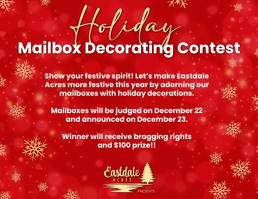 Holiday Mailbox Decorating Contest flyer with gold snowflakes on a deep red background