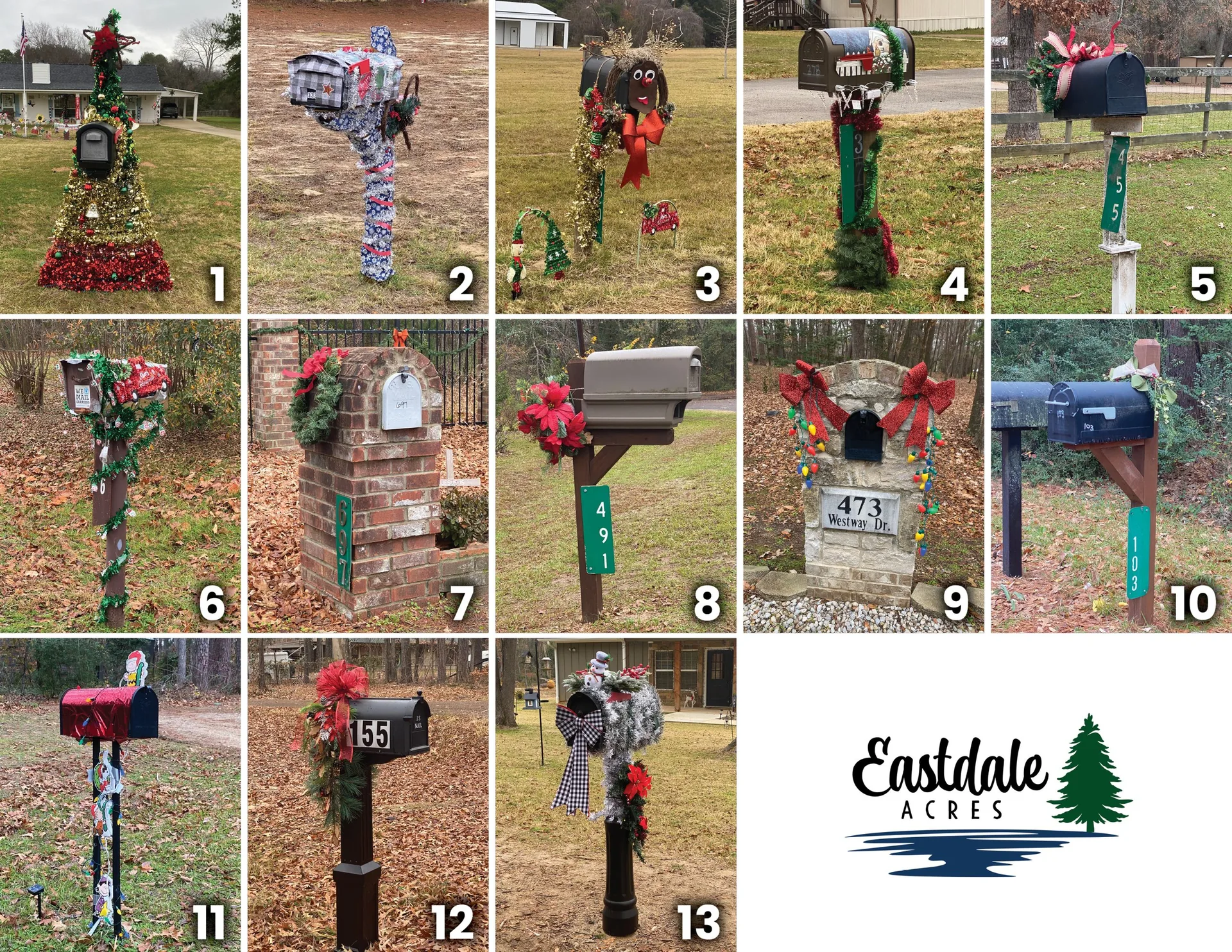 Thirteen decorated mailboxes entered in the Eastdale Acres Christmas mailbox decorating contest