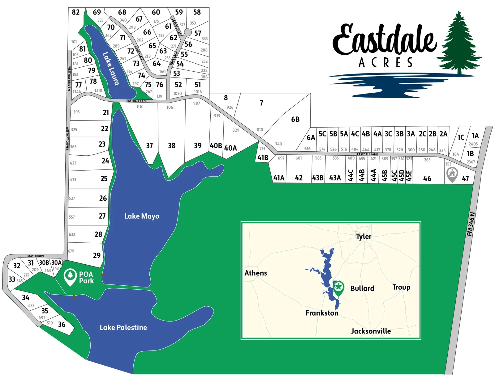 Map of the Eastdale Acres subdivision showing the POA Park, Lake Palestine, Lake Mayo, and Lake Laura, with lot numbers and a locator inset near Bullard, Texas