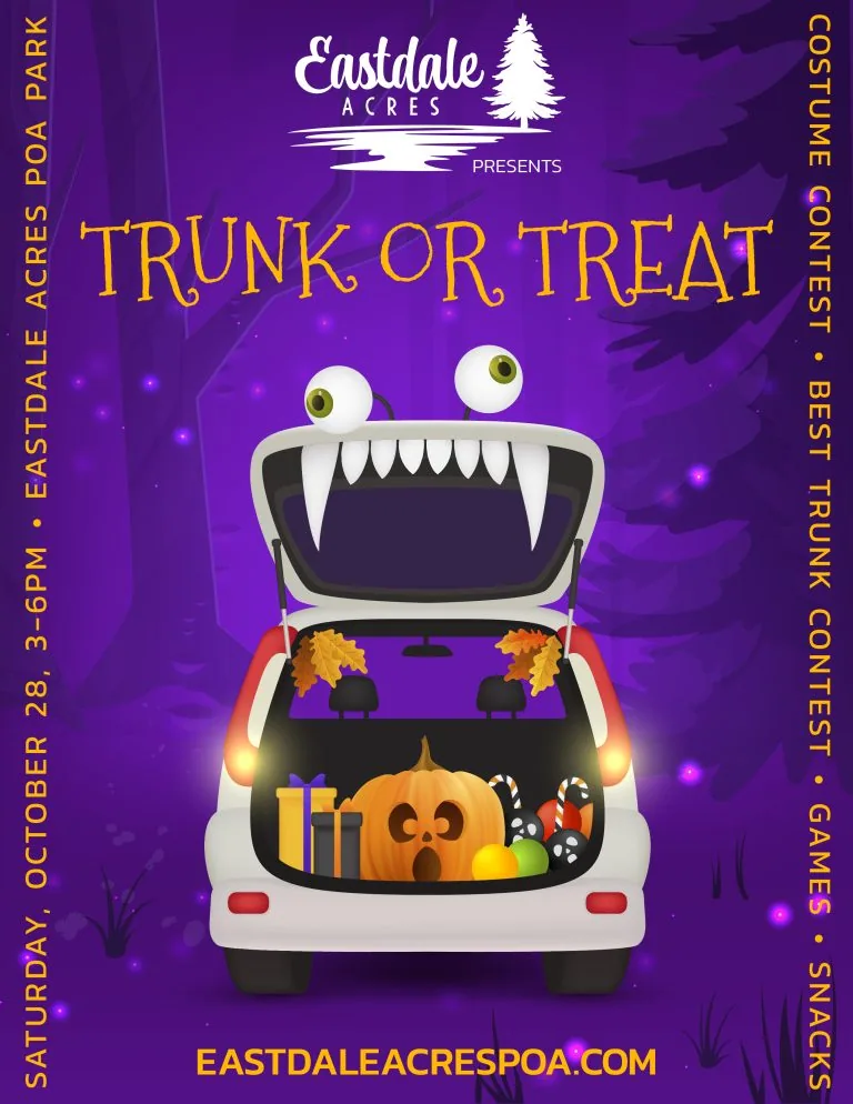 Trunk-or-Treat flyer on a purple Halloween background, a car with its decorated trunk open holding a jack-o-lantern and candy
